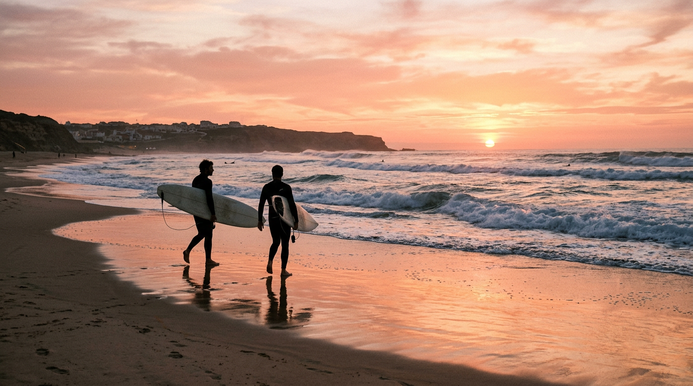 Surfers walking into the Atlantic at sunset